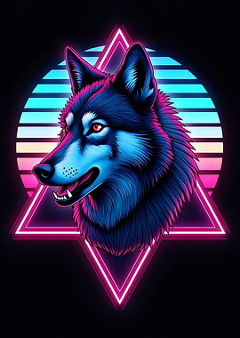 Neon Wolf Head with Geometric Shapes