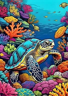 Colorful Sea Turtle in Coral Reef