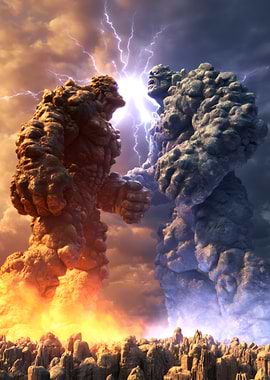 Elemental Giants Clash Under Stormy Skies