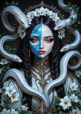 Woman with Snakes and Floral Crown