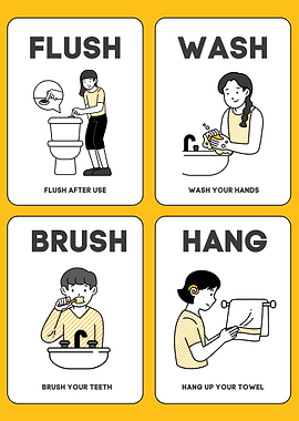 Hygiene Instructions: Flush, Wash, Brush, Hang