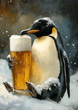 Penguin with Beer Glass in Snow
