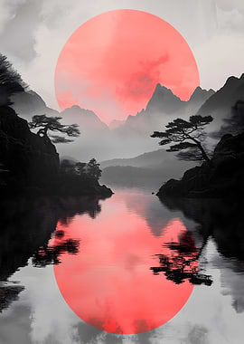 Red Sun Over Misty Mountain Lake