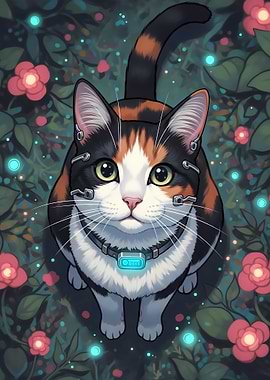 Cyber Cat Bloom | Floral Cybernetic Feline | Enchanted Garden