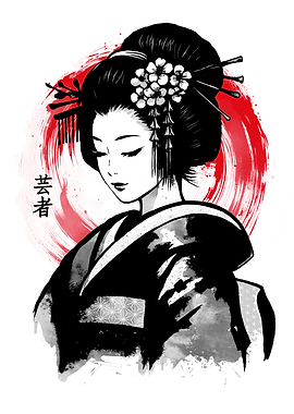 Sumi-e Geisha Red Sun