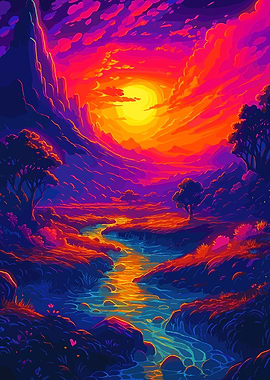 Vibrant Landscape with River and Sunset