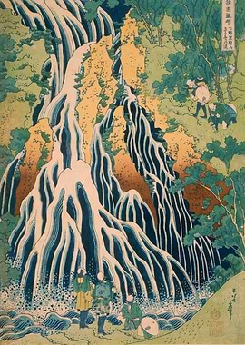 Japanese Waterfall Landscape Woodblock Print by Katsushika Hokusai