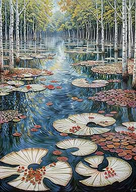 Tranquil Water Garden with Lily Pads and Birch Trees