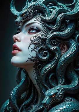 Enchanting Gorgon: Mystic Serpent Queen with Luminous Azure Eyes