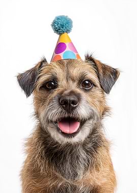 Border Terrier Dog with Party Hat Portrait