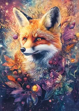 Whimsical Fox with Flowers and Berries – Vibrant Digital Airbrush Art