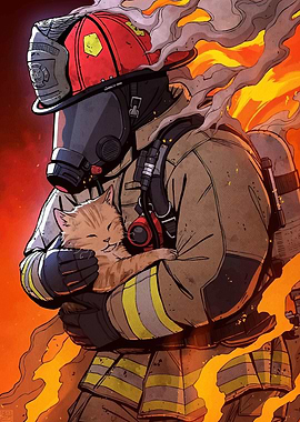 Firefighter Saving Cat Fiery Scene