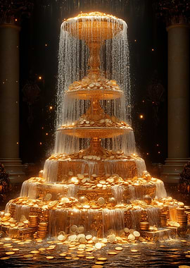 Golden Fountain of Coins and Water