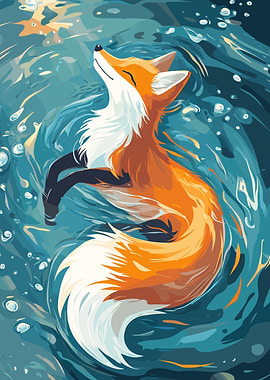 Fox Floating in Water Illustration