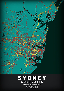 Sydney Australia Map Teal and Gold