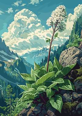 Mountain Landscape with Plant and Flowers