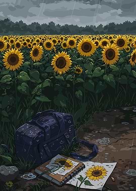Rainy Sunflower Field with Bag and Sketch