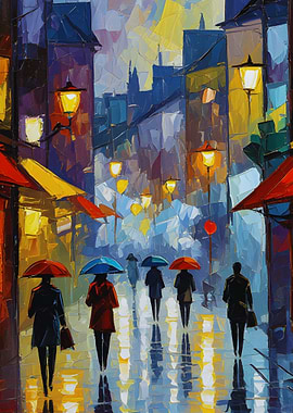 Rainy City Street Painting