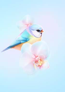 Blue Tit Bird with Orchid Flowers