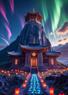 Asian Temple Under Aurora Borealis