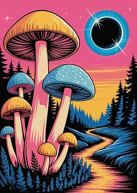 Psychedelic Mushroom Landscape with Eclipse