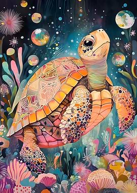 Colorful Sea Turtle in Ocean Art