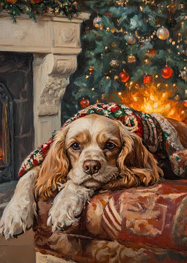 Cocker Spaniel Dog by Fireplace Christmas Painting