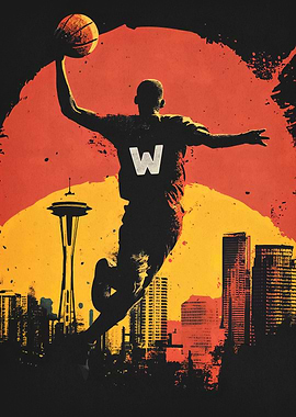 Basketball Player Seattle Skyline Art