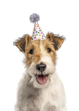Wire Fox Terrier Dog with Party Hat