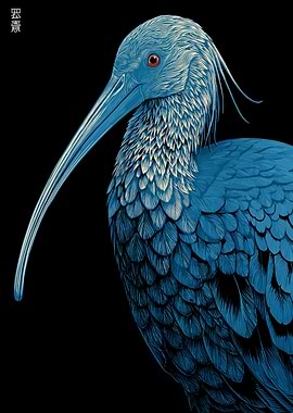 Blue Ibis Illustration on Black Background