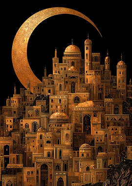 Golden City Under Crescent Moon