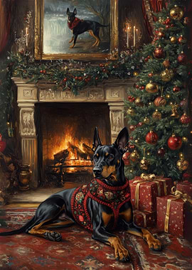 Doberman in Festive Sweater | Dog Christmas Portrait by Fireplace