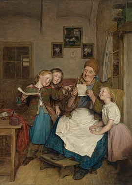 Grandmother Reading Letter with Grandchildren Painting
