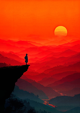 Silhouette on Cliff at Sunset