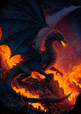 Dragon in fiery landscape