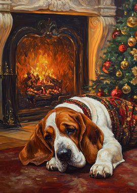Basset dog Christmas print | Dog by Fireplace at Christmas
