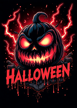 Halloween Pumpkin with Red Lightning
