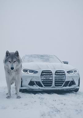 Wolf and BMW in Snowy Landscape