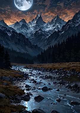 Moonlit Mountain River Landscape