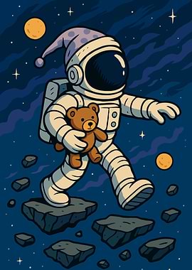 Astronaut with Teddy Bear in Space Sleepwalking