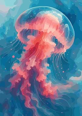 Watercolor Jellyfish in Blue Ocean