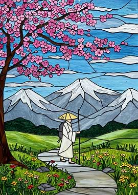 Stained Glass Landscape with Traveler