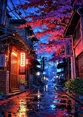 Rainy Japanese Street with Cherry Blossoms