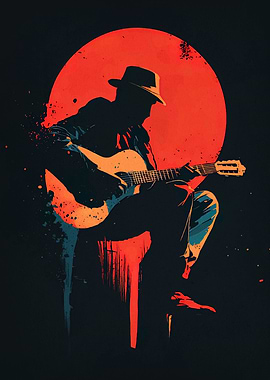 Silhouette Guitarist with Red Moon Backdrop