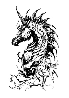 Monochrome Dragon-Horse Head Illustration