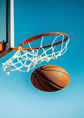 Basketball and hoop against blue sky
