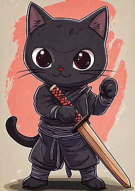 Cartoon Ninja Cat with Sword