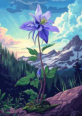 Blue Columbine Flower in Mountain Landscape