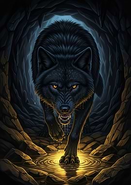 Fearsome Black Wolf in Cave