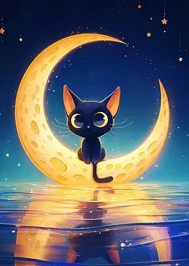 Cute Black Cat on Crescent Moon